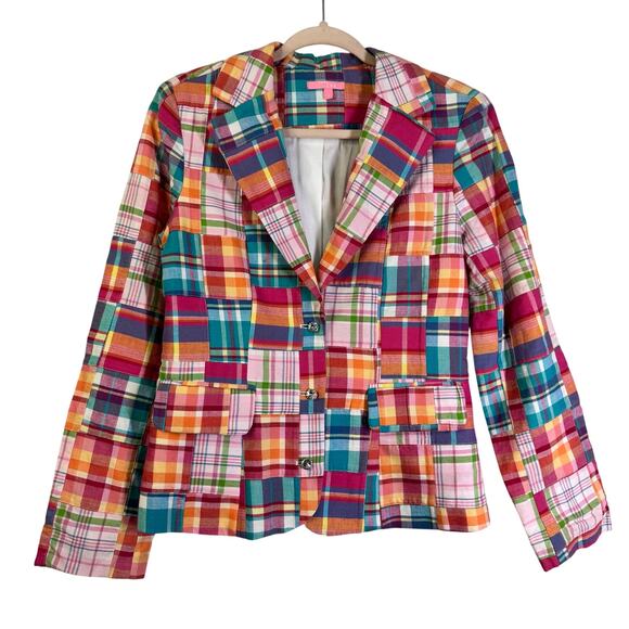 SAM TY Blazer 6 Madras‎ Plaid Patchwork Cotton Crystal Buttons Lined Preppy - Picture 1 of 14